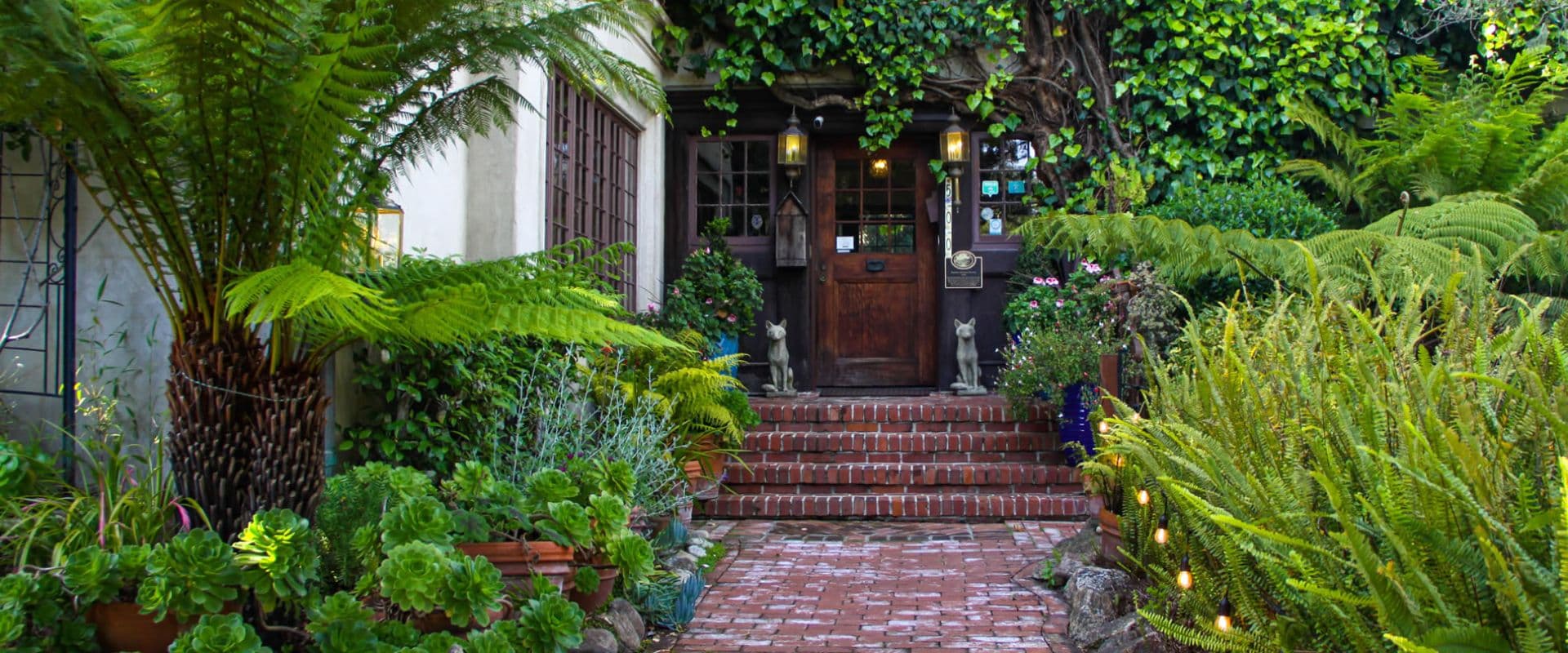 Front facade of a luxury home with brown door, brick bath and lush greenery all around Front facade of a luxury home with brown door, brick bath and lush greenery all around