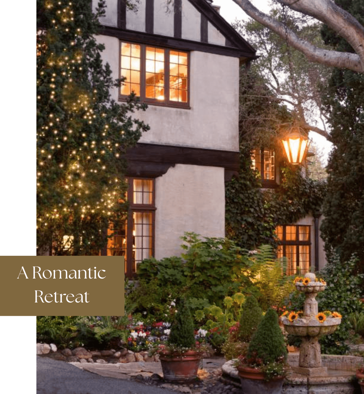 A charming house surrounded by lush greenery and flowers, illuminated by soft lights.