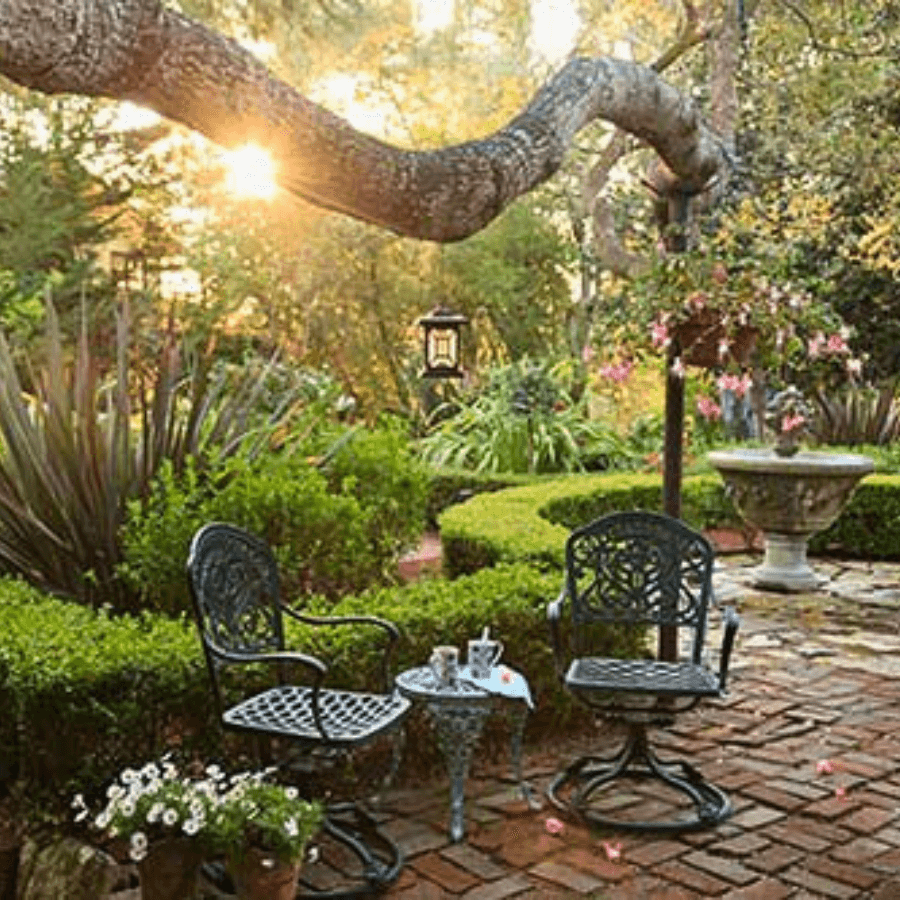 Two metal chairs and a small table sit in a sunlit garden surrounded by greenery and flowering plants.